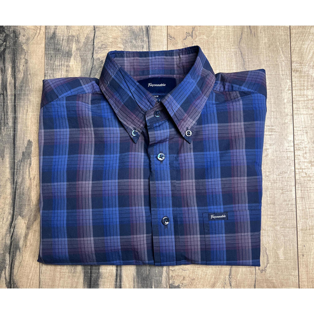 FACONNABLE Club Button-Down Shirt M Blue Plaid Cotton Long Sleeve Preppy. - Picture 10 of 11